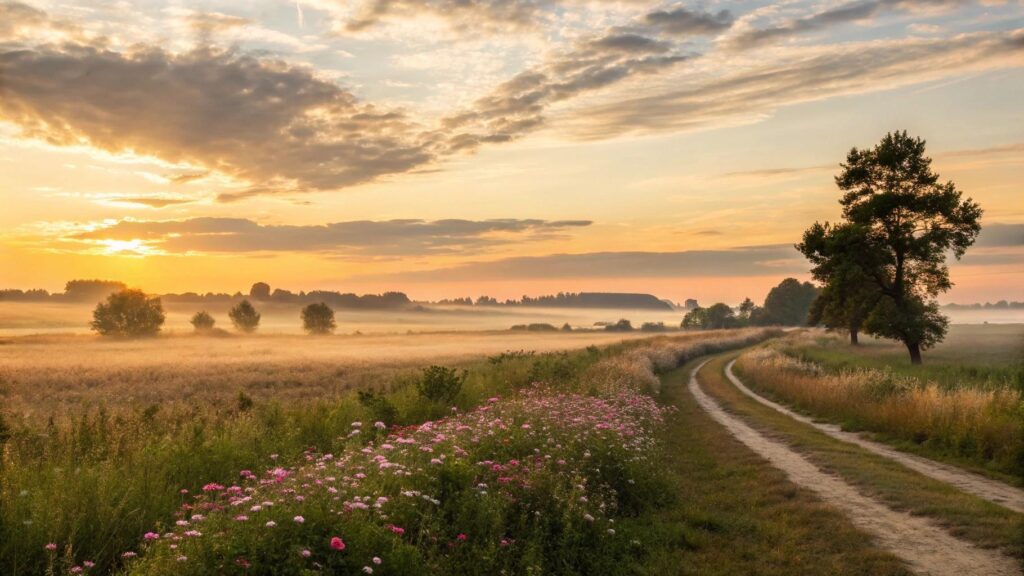 Imagem de um amanhecer tranquilo com luz dourada suave, flores desabrochando e um caminho sereno representando fé, esperança e inspiração