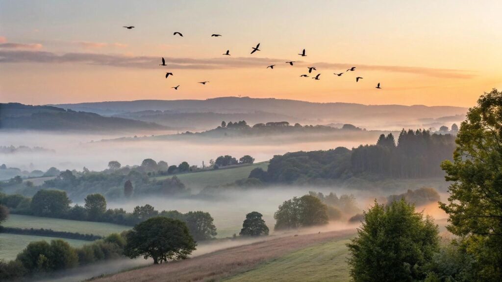 Imagem de um nascer do sol tranquilo em uma paisagem rural com luz suave, pássaros voando e névoa sobre as colinas