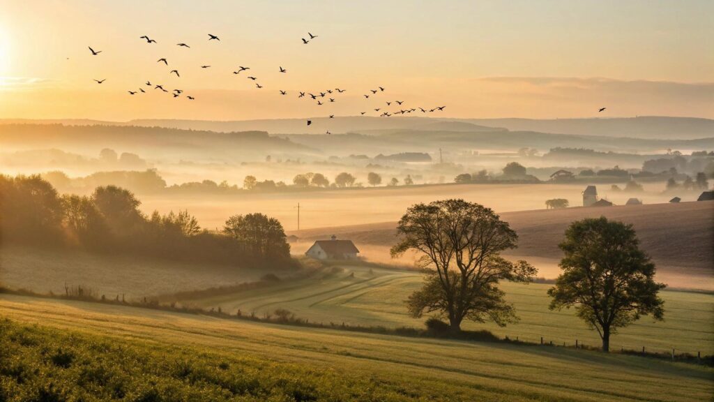 amanhecer sereno em uma paisagem campestre com luz dourada suave, névoa matinal e atmosfera de fé e inspiração