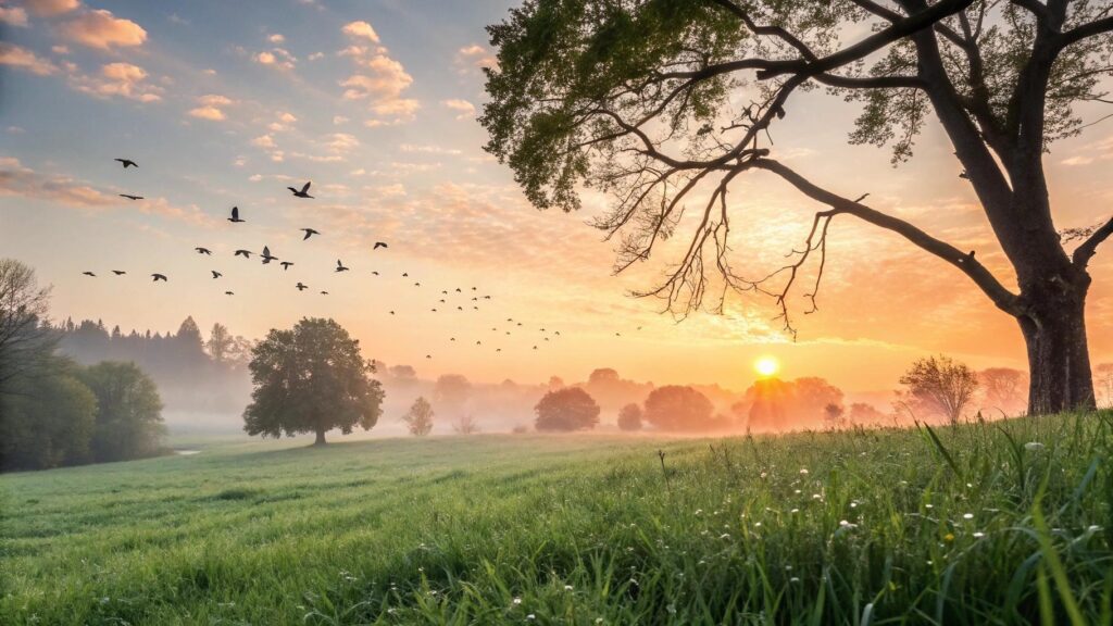 Amanhecer tranquilo com luz dourada atravessando as árvores e gotas de orvalho na grama, transmitindo paz e inspiração