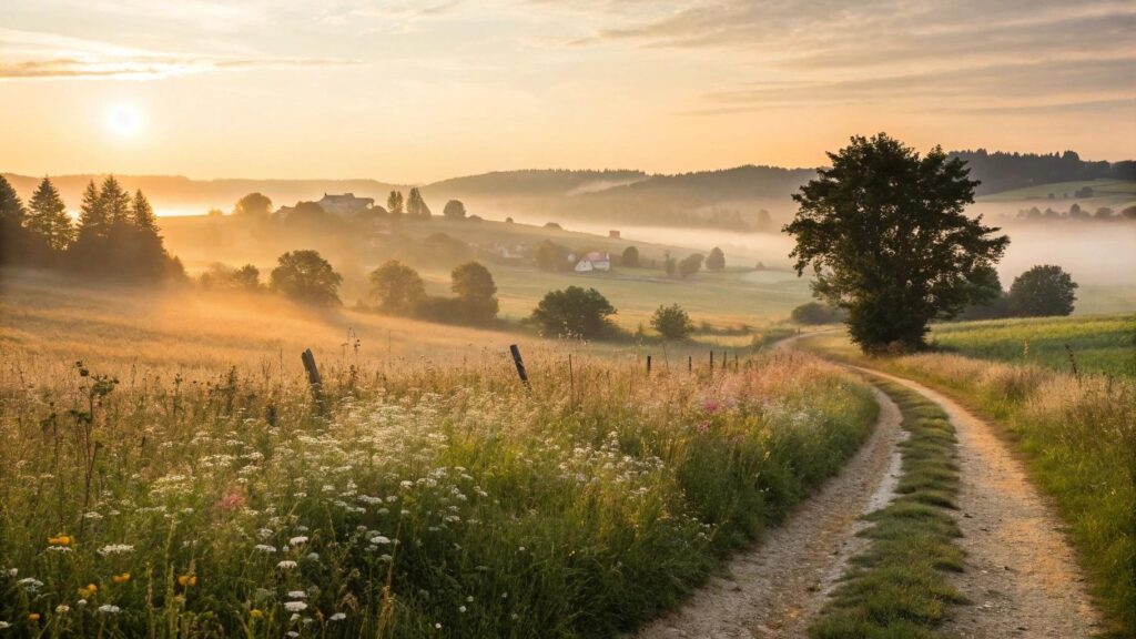 paisagem ao amanhecer com campo sereno e luz dourada suave