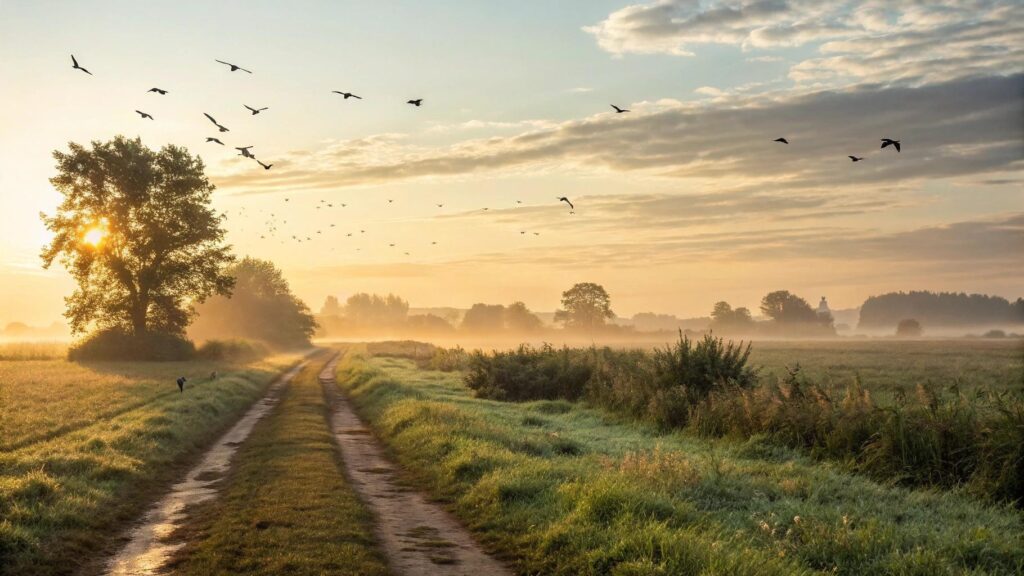 Imagem de um amanhecer tranquilo com luz suave e atmosfera de fé e inspiração