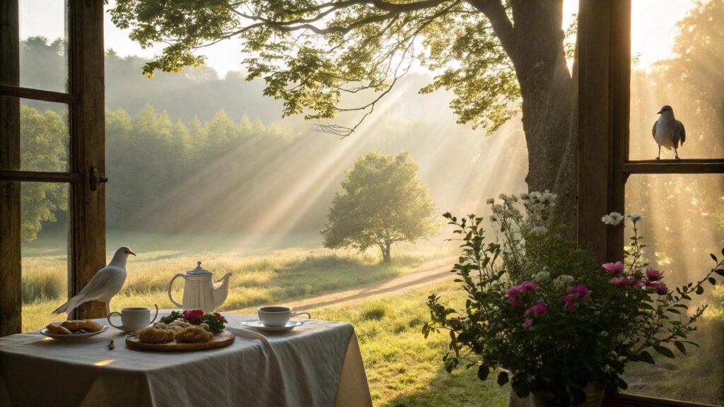 paisagem campestre com luz suave da manhã, simbolizando fé, inspiração e carinho para um sábado abençoado