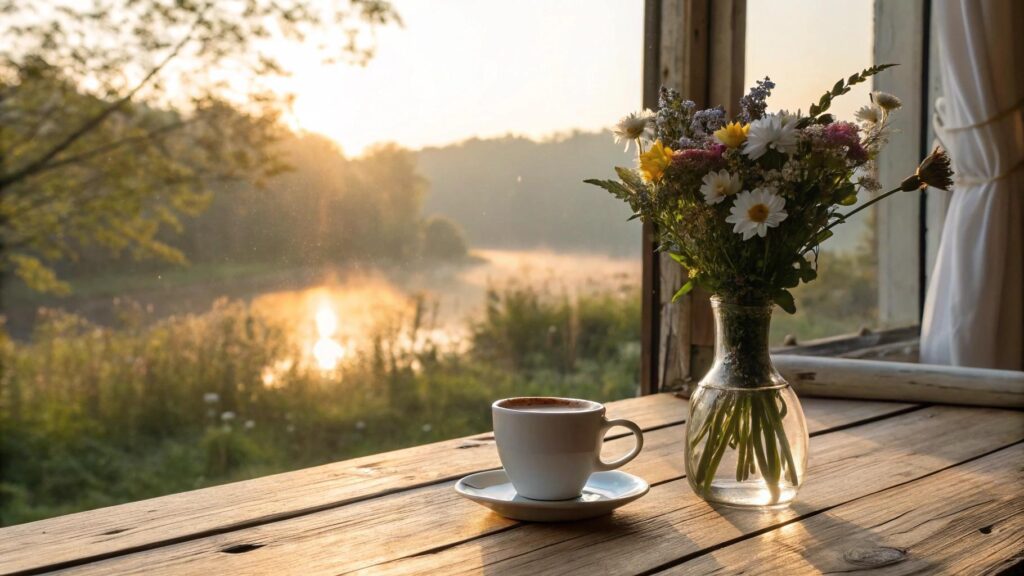 Cena de bom dia com luz suave, café na mesa e flores, simbolizando fé, motivação e propósito para a semana
