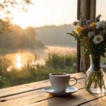 Cena de bom dia com luz suave, café na mesa e flores, simbolizando fé, motivação e propósito para a semana