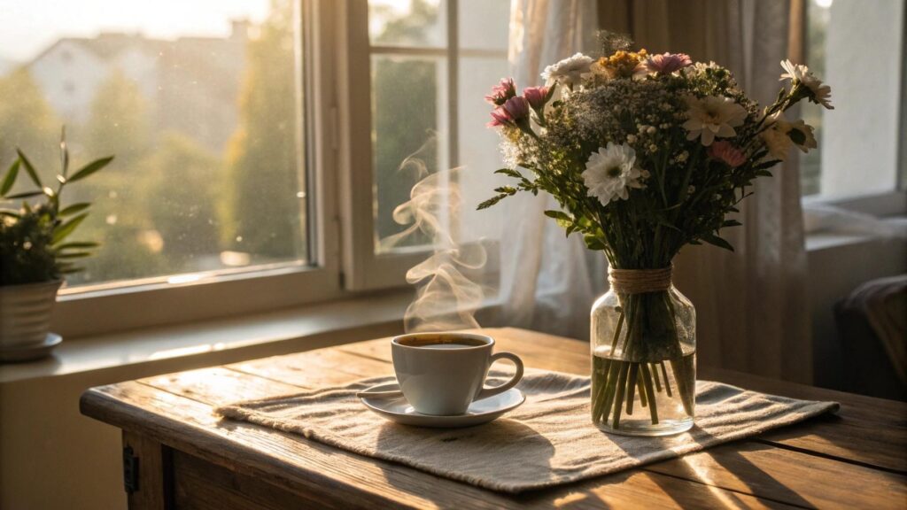 Cena de bom dia com luz suave da manhã, café fumegante e flores, transmitindo fé, motivação e sabedoria para a sexta-feira 13/06/2025