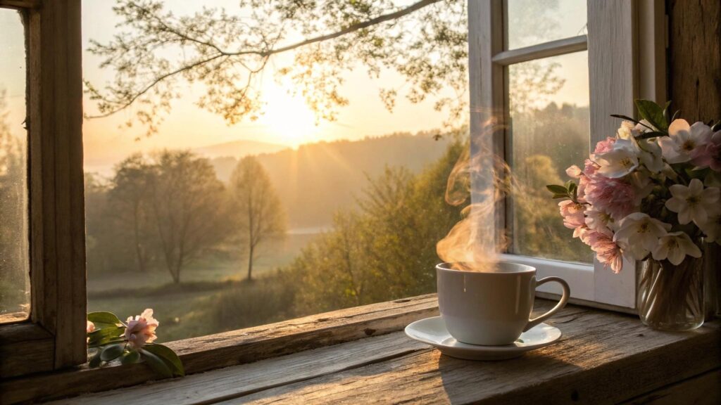 Imagem de uma manhã serena com luz do sol entrando pela janela, flores, café e natureza ao fundo, transmitindo fé e inspiração
