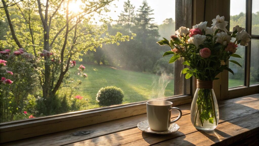 Cena de manhã tranquila com luz do sol entre árvores, xícara de café e flores frescas, representando fé e inspiração