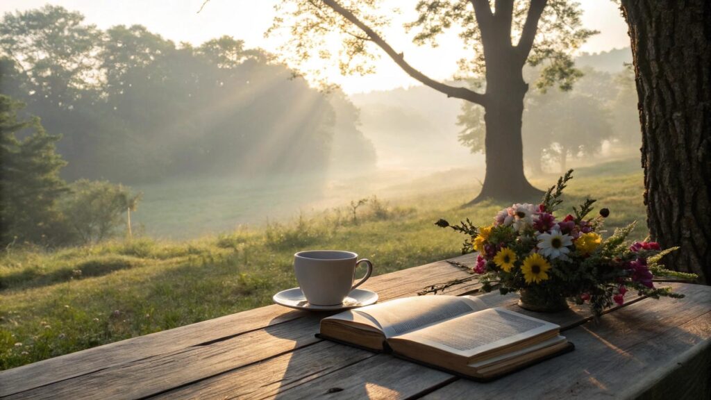 Imagem de uma manhã tranquila com luz suave, café, Bíblia e flores simbolizando fé e inspiração para o domingo