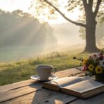 Imagem de uma manhã tranquila com luz suave, café, Bíblia e flores simbolizando fé e inspiração para o domingo