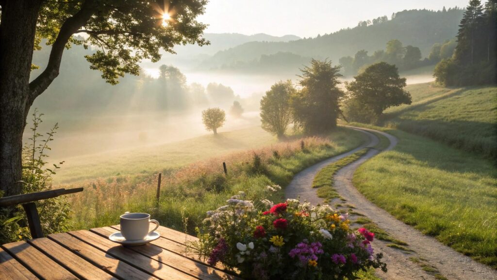 Cena tranquila de domingo com luz do sol, natureza e atmosfera de fé e positividade