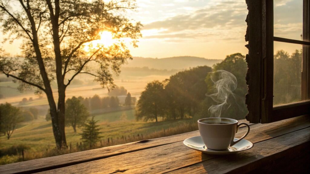 Imagem de um nascer do sol tranquilo no campo com uma xícara de café, simbolizando fé, esperança e inspiração para compartilhar