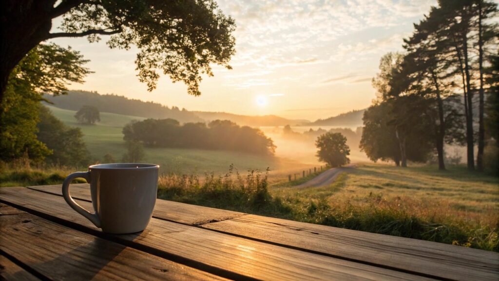 Cenário inspirador de manhã tranquila com luz suave do amanhecer e elementos naturais de fé
