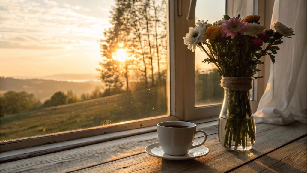 Cena tranquila de manhã com luz do sol, café, flores e atmosfera de fé e motivação