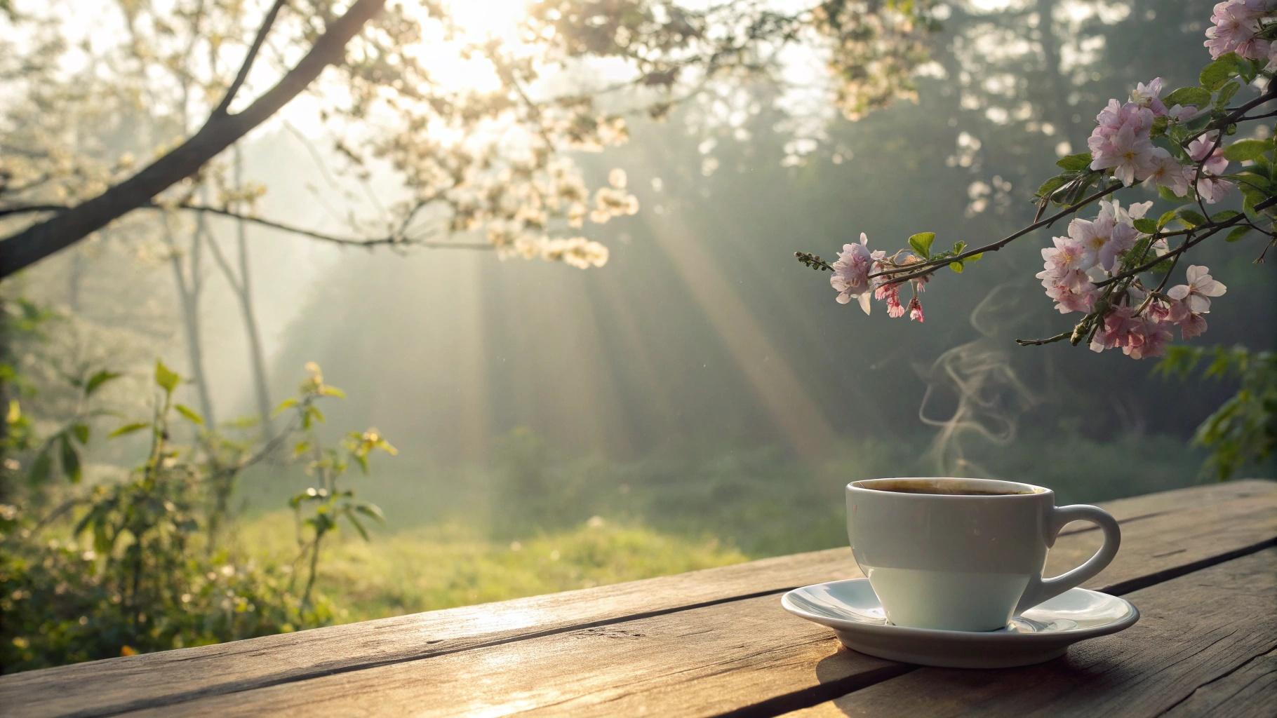 Cena serena de manhã com luz suave do sol entre árvores, uma xícara de café em mesa de madeira e flores ao fundo