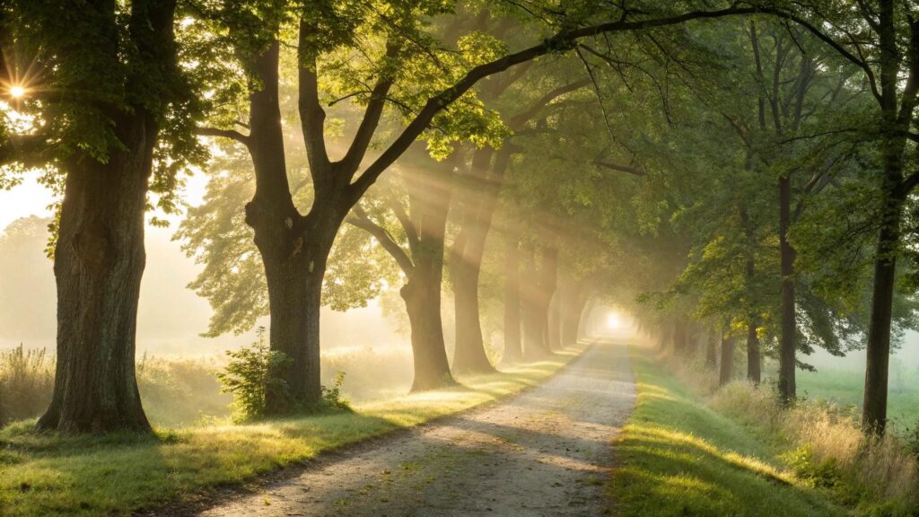 Cena tranquila de uma manhã com sol suave iluminando árvores e um caminho acolhedor.