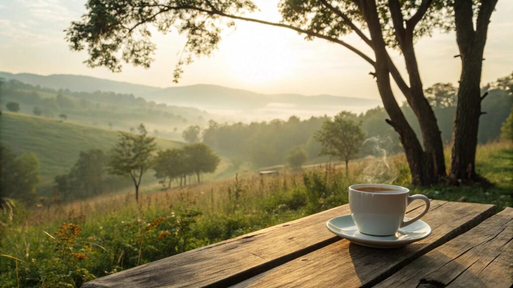 Cena tranquila de manhã de sábado com luz suave e natureza serena para inspirar paz e fé