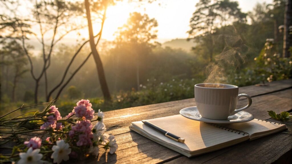 Cenário de manhã tranquila de quinta-feira com luz suave do sol, xícara de café, flores e ambiente acolhedor