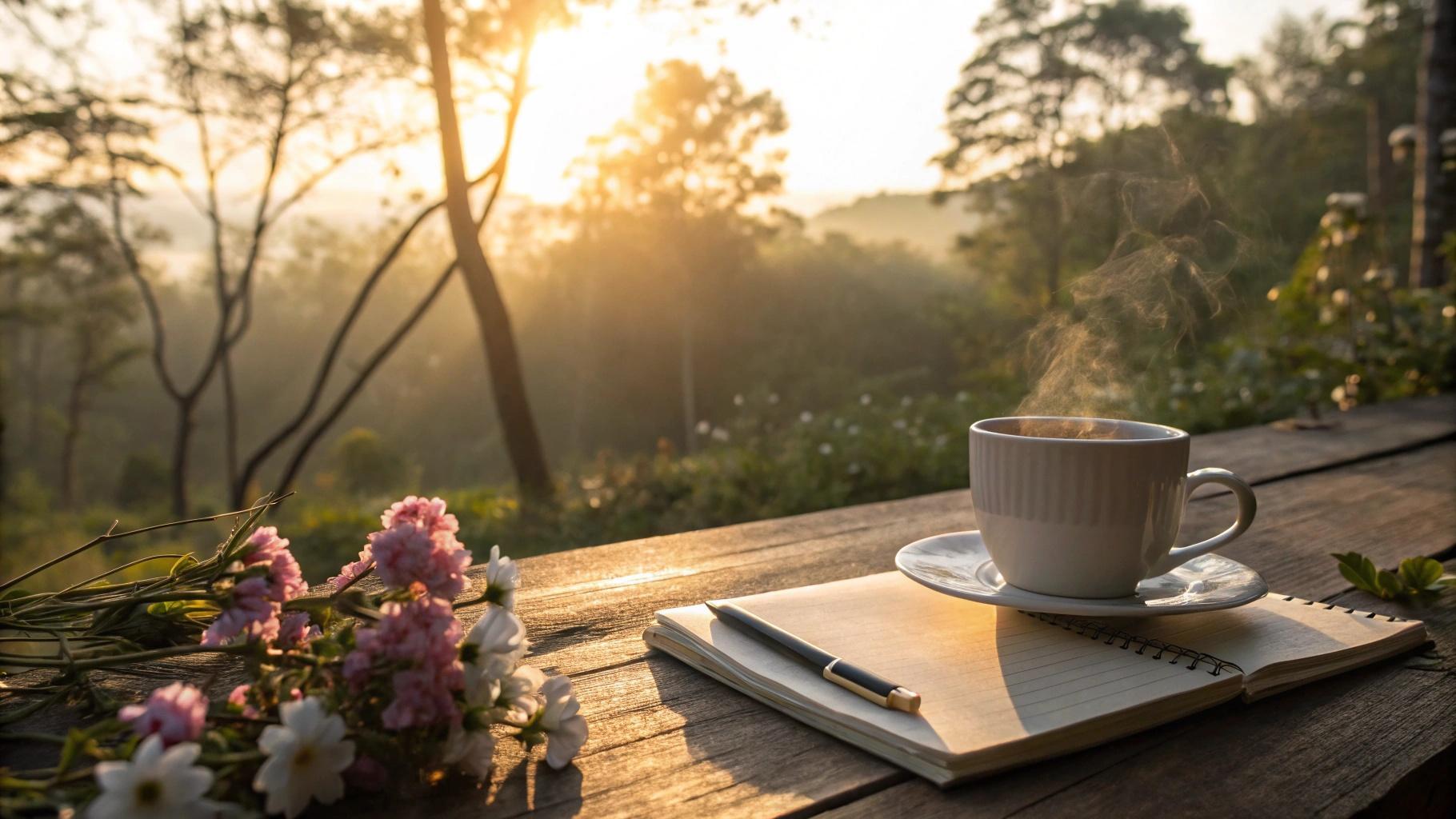 Cenário de manhã tranquila de quinta-feira com luz suave do sol, xícara de café, flores e ambiente acolhedor