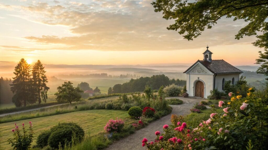 Imagem inspiradora de um amanhecer tranquilo com uma capela cercada por flores e natureza.