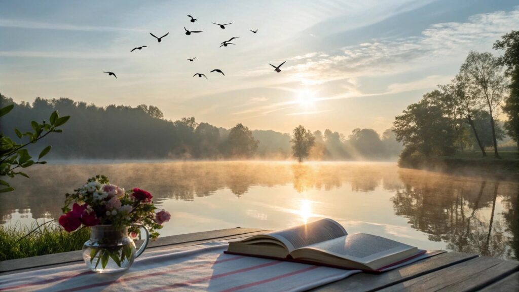 Imagem de um amanhecer tranquilo com sol iluminando um lago, árvores e flores ao redor.