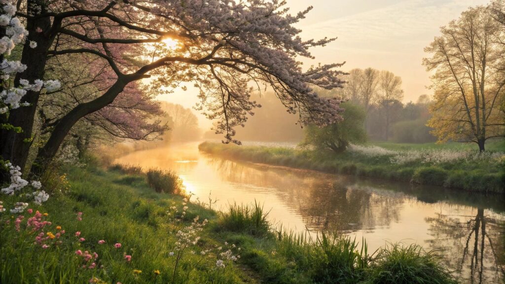 Cenário de manhã tranquila com flores e rio calmo em um sábado inspirador