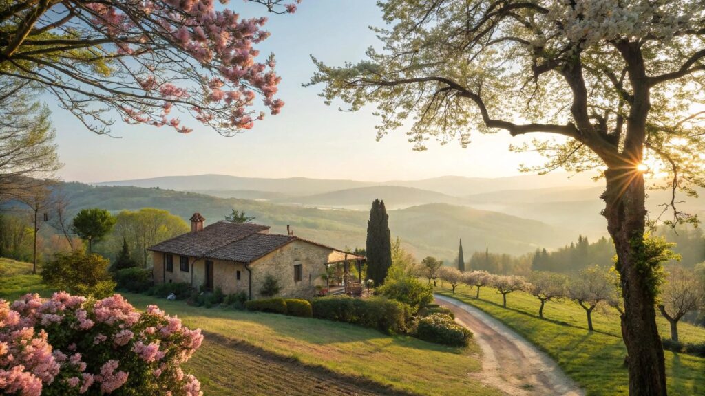 Paisagem tranquila de manhã de sábado com luz suave do sol, casa no campo, flores e atmosfera serena representando fé, reflexão e alegria