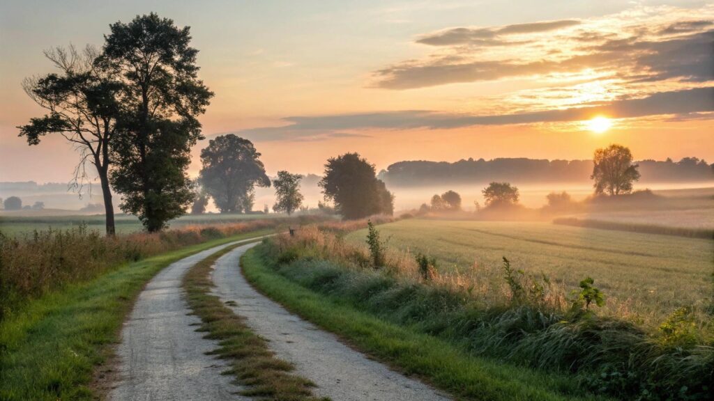 paisagem serena ao amanhecer simbolizando fé, sabedoria e reflexão para iluminar a jornada diária