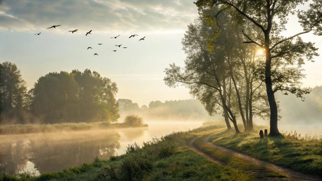 Imagem de um amanhecer sereno com luz suave e paisagem natural para inspirar e renovar a fé