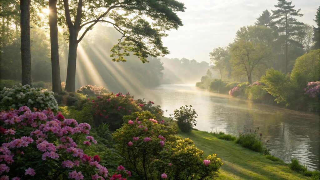 Cena serena de manhã com luz suave, jardim florido e rio calmo, transmitindo fé e carinho