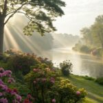 Cena serena de manhã com luz suave, jardim florido e rio calmo, transmitindo fé e carinho
