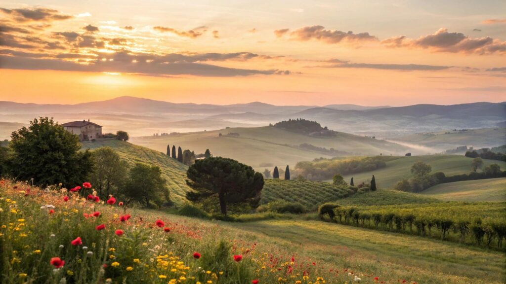 Imagem serena de um nascer do sol com flores e colinas, simbolizando fé, inspiração e esperança para a sexta-feira