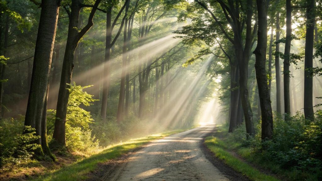 Imagem de luz da manhã atravessando árvores em uma floresta tranquila, simbolizando fé, esperança e força espiritual