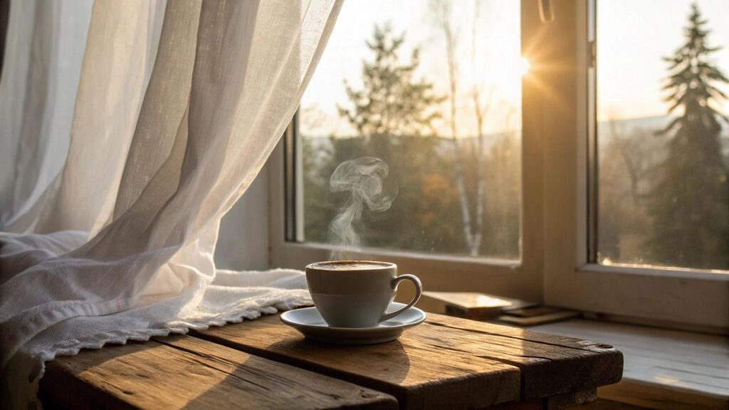 Cenário de uma manhã tranquila com luz do sol entrando pela janela, mesa de madeira com café e cortinas brancas esvoaçantes