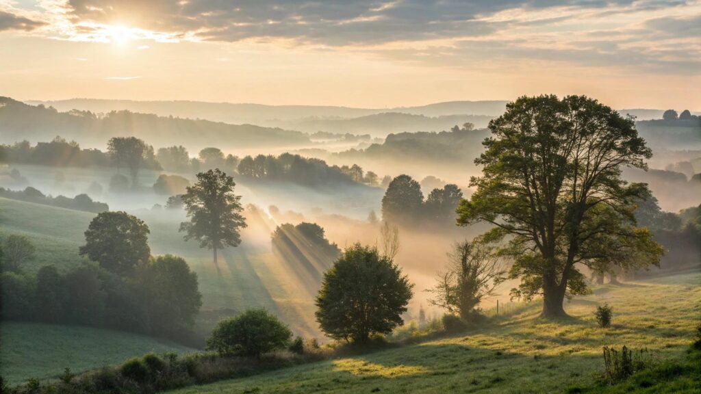 Imagem de um amanhecer tranquilo no campo simbolizando fé, paz interior e inspiração para recomeçar com coragem