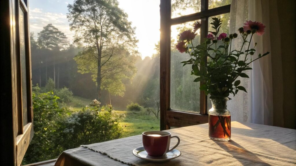 Cena tranquila de sábado com luz da manhã, flor em vaso e atmosfera de fé e reflexão