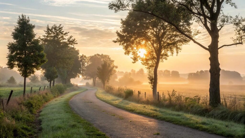 Imagem de um amanhecer tranquilo em uma estrada no campo simbolizando fé, ânimo, direção e propósito