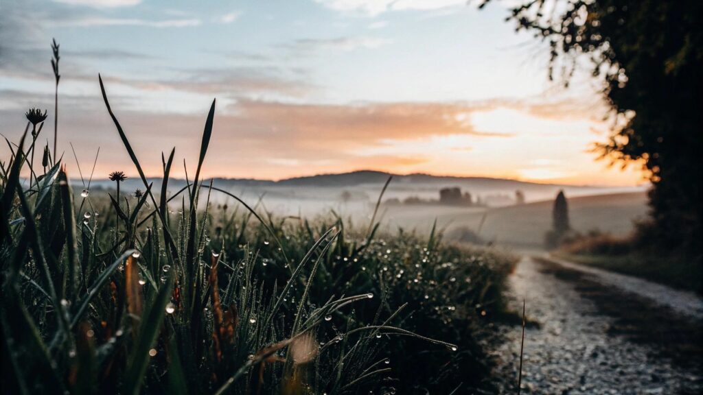 Paisagem campestre ao amanhecer com luz suave, flores e caminho entre colinas, simbolizando reflexão, fé e inspiração