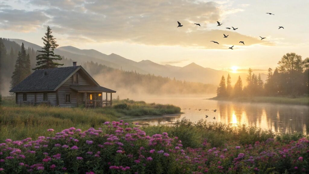 Paisagem serena ao amanhecer com névoa suave, flores e um lago tranquilo