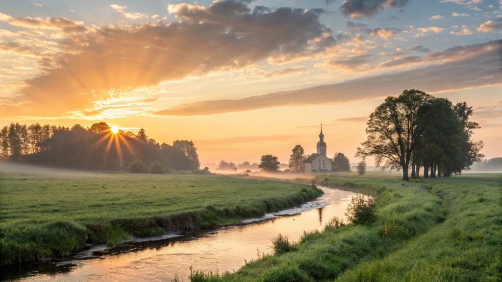 Uma paisagem tranquila ao amanhecer com campo verde, rio calmo e igreja ao fundo.