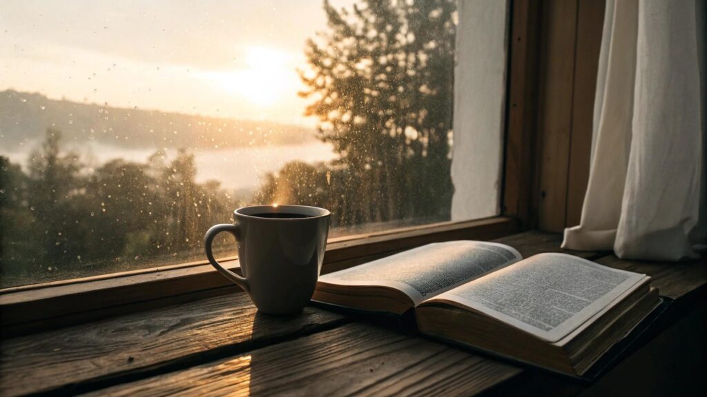 Cena serena de manhã com luz do sol entrando pela janela sobre uma Bíblia aberta e uma xícara de café ao lado