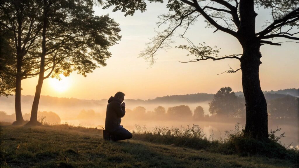 Cena serena de oração ao amanhecer de segunda-feira com fé, esperança e inspiração