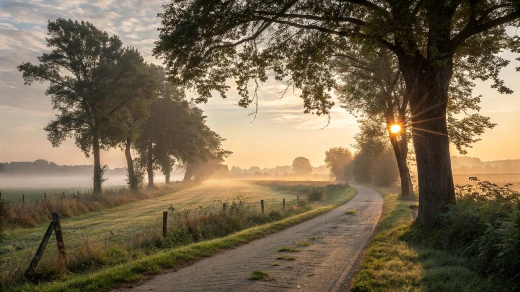 Paisagem tranquila ao amanhecer com luz suave e atmosfera de sabedoria e reflexão
