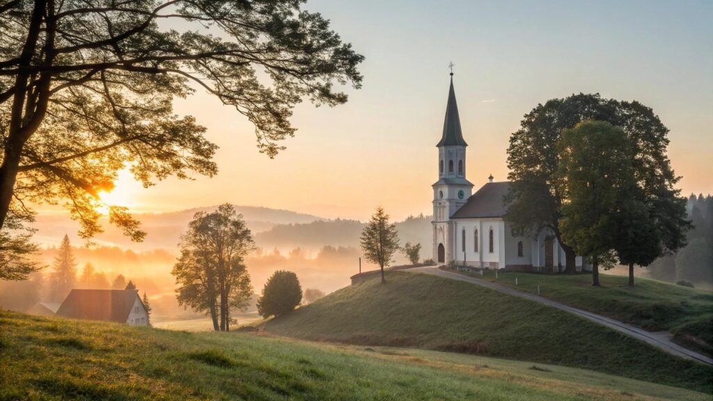 Paisagem com nascer do sol tranquilo, uma igreja campestre e uma pessoa em oração simbolizando fé renovada e direção espiritual