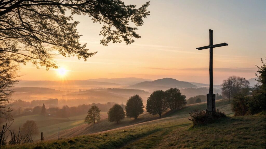 imagem de um nascer do sol tranquilo com uma cruz de madeira em uma colina representando fé e esperança