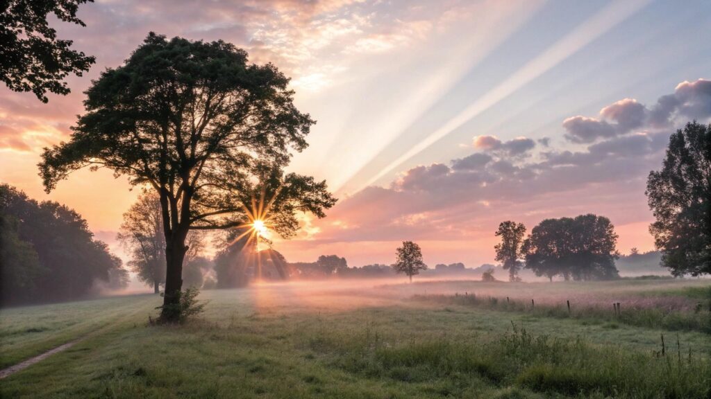 Paisagem tranquila ao amanhecer com raios de luz atravessando árvores, representando esperança, fé e reflexão espiritual