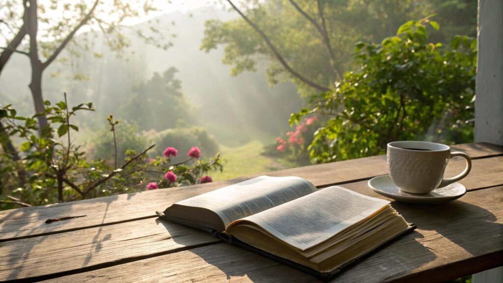 Cenário inspirador com Bíblia aberta, luz suave e natureza ao redor, representando fé e reflexão
