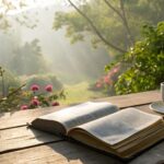 Cenário inspirador com Bíblia aberta, luz suave e natureza ao redor, representando fé e reflexão