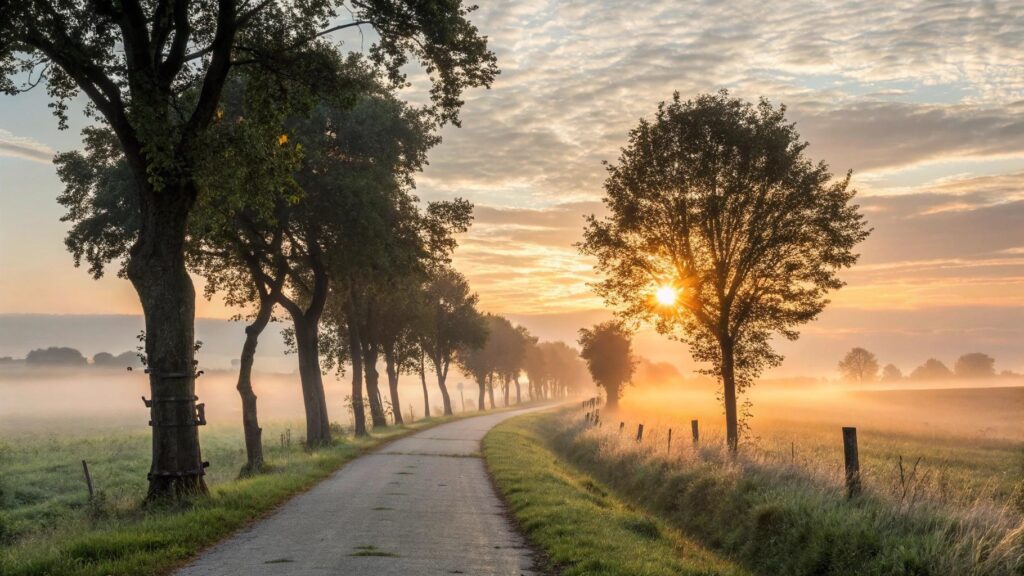 Imagem de um amanhecer sereno com luz suave iluminando uma estrada tranquila, simbolizando fé, sabedoria e reflexão