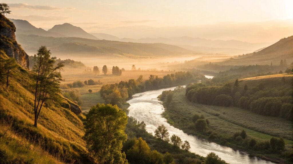 Paisagem serena ao nascer do sol simbolizando fé, esperança e coragem